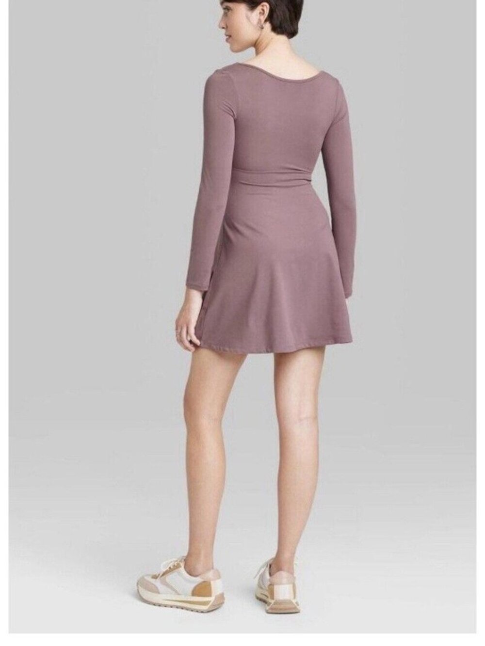 Wild Fable Longsleeve Twist-Front Mini Knit Skater Dress in Mauve - Picture 3 of 6
